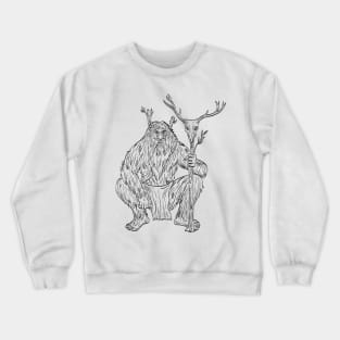 Basajaun or Lord of the Woods in Basque Mythology Squatting with Staff of Deer Skull Drawing Crewneck Sweatshirt